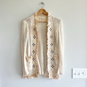 Vintage Ryu Ruffle Lace Bead Hook Closure Jacket Cream L